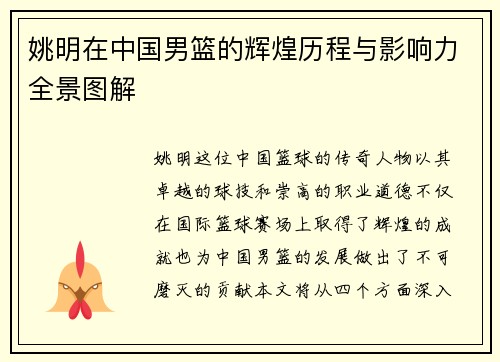 姚明在中国男篮的辉煌历程与影响力全景图解